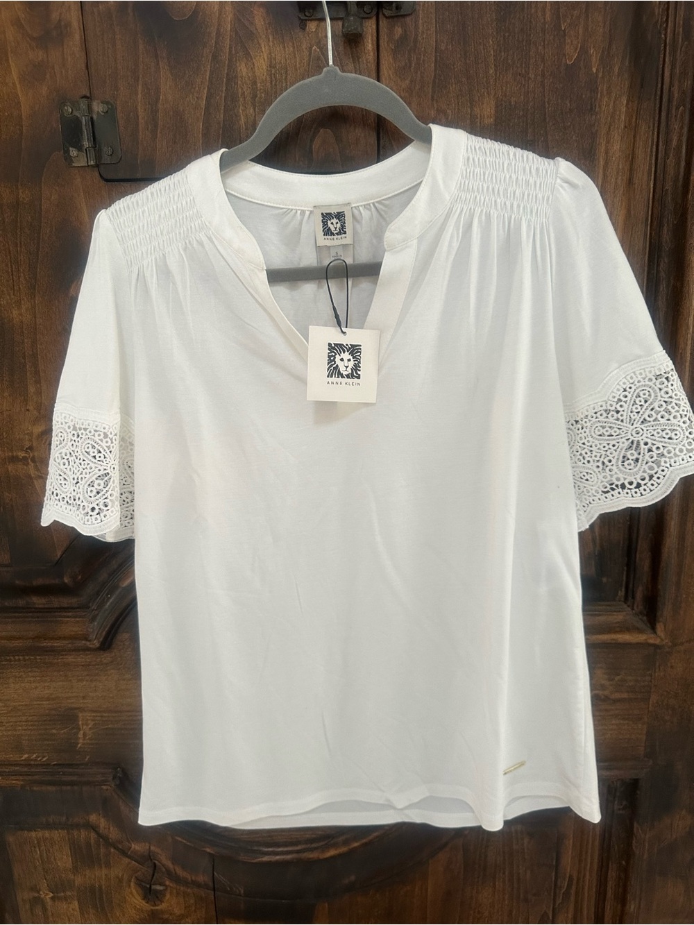 Anne Klein White Eyelet Sleeve Split-Neck Blouse